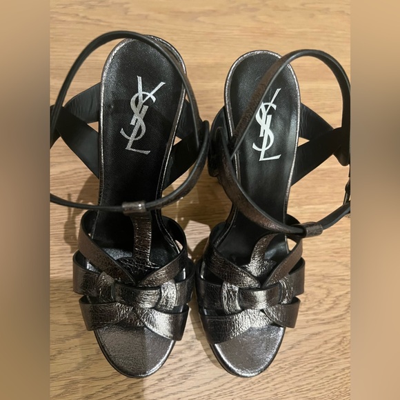 Saint Laurent YSL Metallic Tribute Platform 135mm Heels Sandals Gunmetal Grey 37 - Picture 3 of 6